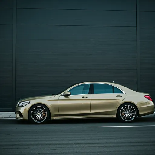 A sleek black luxury sedan parked in a modern city.